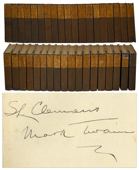 Mark Twain Signed The Works of Mark Twain -- Signed Both S.L. Clemens / Mark Twain in the First Volume -- Complete 37 Volume Set With Rare Autobiography Volumes