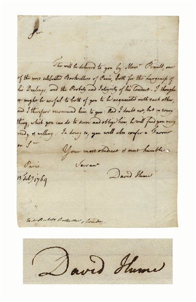 Scarce David Hume Autograph Letter Signed -- ...one of the most celebrated Booksellers of Paris...