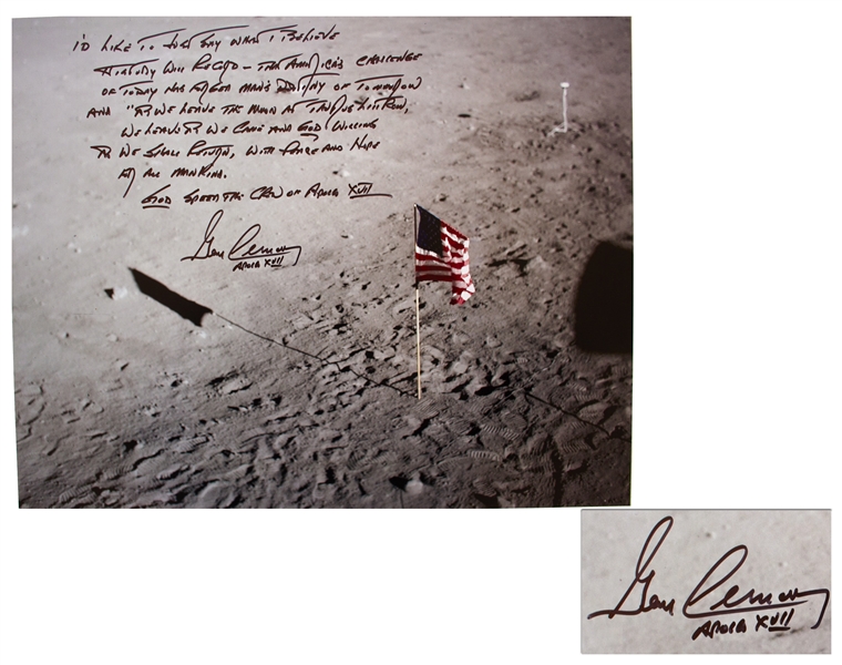 Gene Cernan Signed 20 x 16 Photo with Extensive Handwritten Quote -- Americas challenge of today has forged mans destiny of tomorrow
