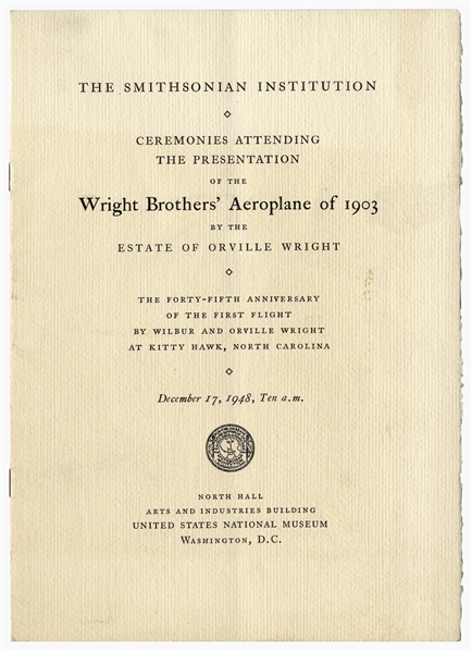Smithsonian Program From 1948 for The Presentation of the Wright Brothers Aeroplane of 1903 -- Very Rare, With Infamous Smithsonian Label Printed Within