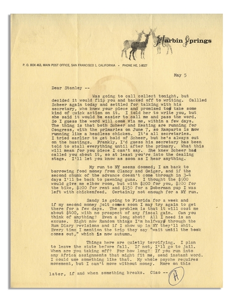 Hunter Thompson Letter Signed -- Random thinks I'm halfway through the Rum Diary revisions…Things here are quietly terrifying. I plan to leave the state before fall. If not, I'll go to jail…