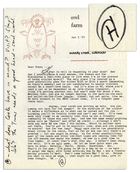 Hunter S. Thompson Letter Signed -- …this is not a friendly community to those who can't pay. And now the same money-grubbing swine call me 'Hunter' and offer me credit…