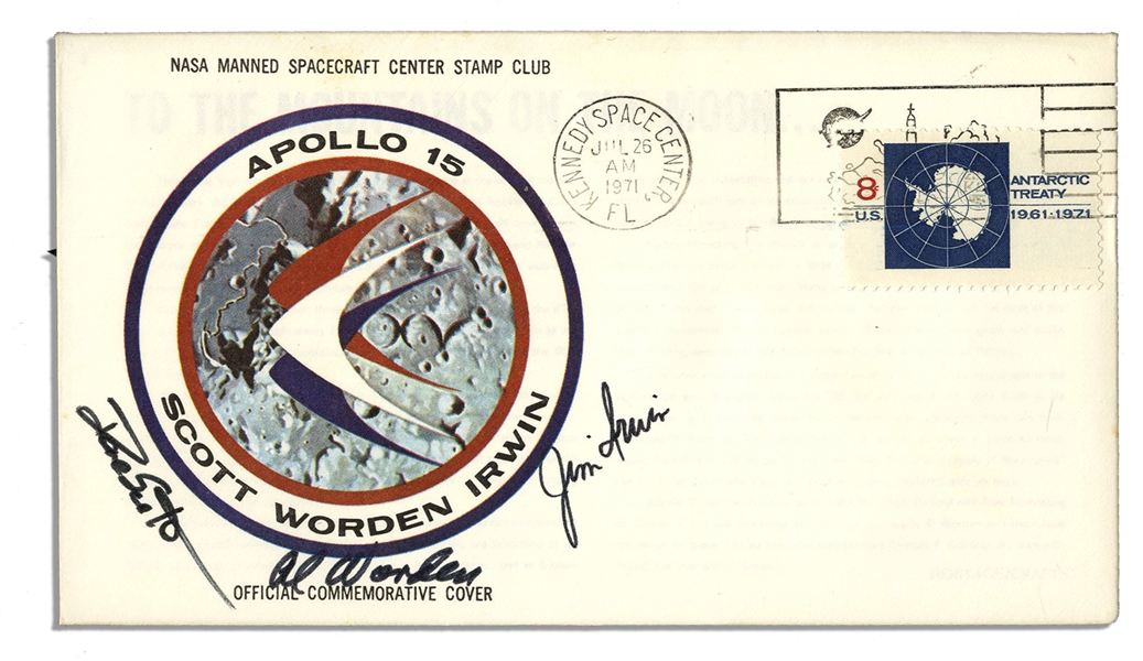 Apollo 15 Crew-Signed NASA Insurance Cover -- From Al Wordens Personal Collection, as Written by Him, and Also With His Signed COA