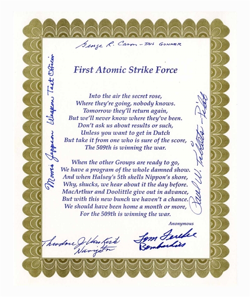 WWII Poem Signed by Five Enola Gay Crew Members -- Tom Ferebee, Theodore Van Kirk, Morris Jeppson, George Caron & Paul Tibbetts