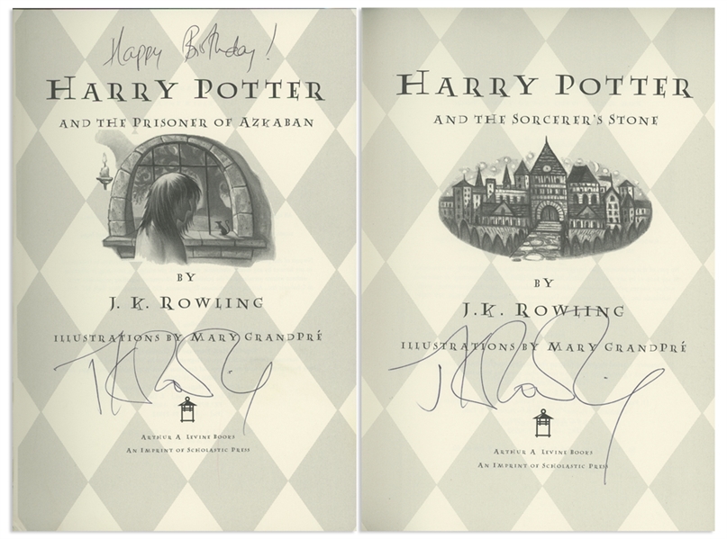 J.K. Rowling Signed Set of Two Harry Potter First U.S. Editions, One Inscribed Happy Birthday! by Rowling -- With PSA/DNA COA