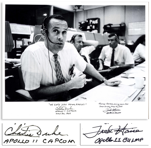 Charlie Duke and Fred Haise Signed 20 x 16 Photo of the Apollo 11 Mission Control -- Duke, the CAPCOM for Apollo 11, Writes WE COPY YOU DOWN EAGLE!