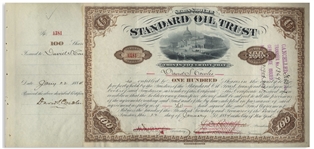 John D. Rockefeller Signed Stock Certificate for Standard Oil Trust From 1884