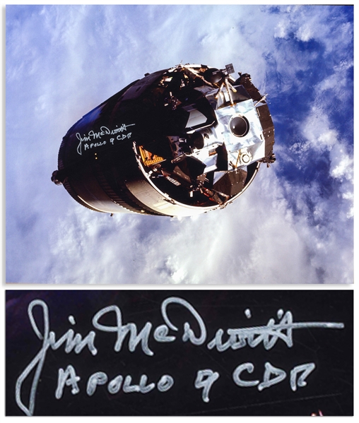 James McDivitt Signed 20 x 16 Photo of the Apollo 9 Lunar Module Against a Beautiful Cloudy Blue Sky