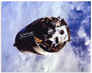 James McDivitt Signed 20'' x 16'' Photo of the Apollo 9 Lunar Module Against a Beautiful Cloudy Blue Sky