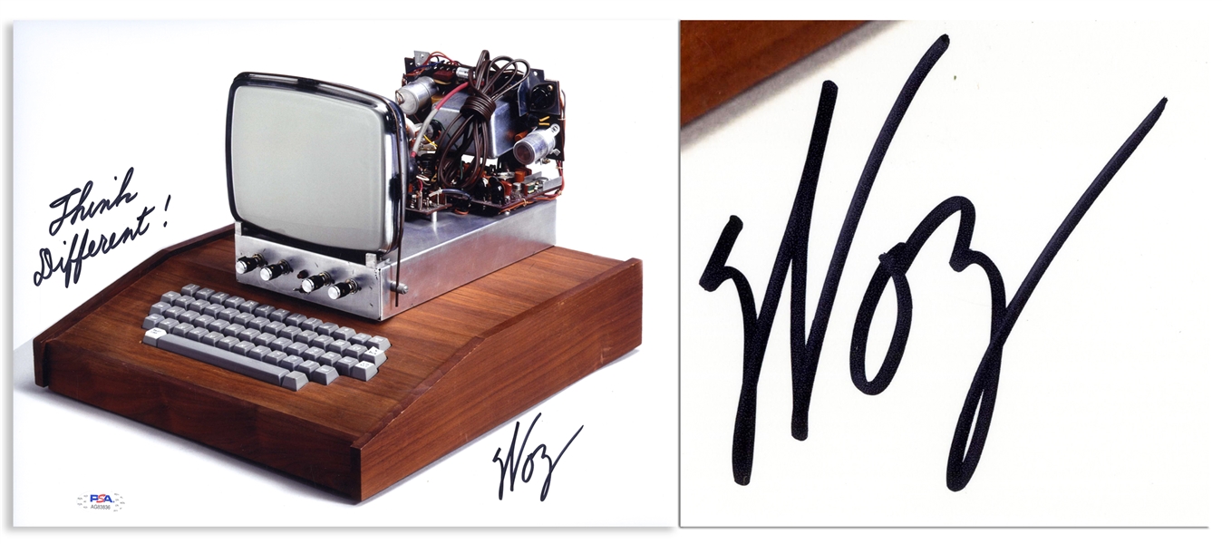 Steve Wozniak Signed 14 x 11 Photo of the Apple 1 Computer, Writing Think Different! -- With PSA/DNA COA