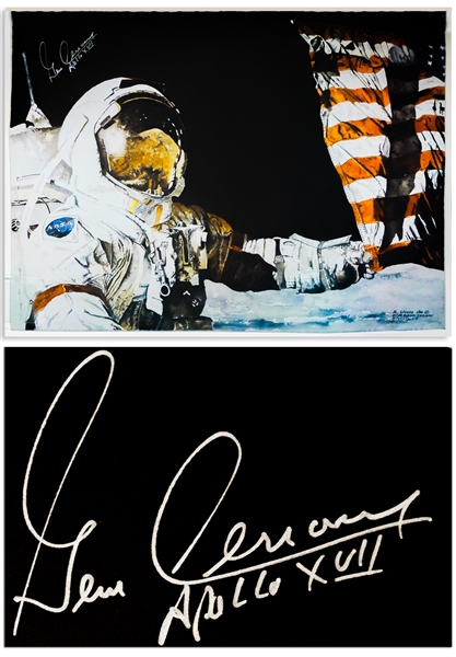 Gene Cernan Signed Moon Landing Artwork -- As Commander of the Apollo 17 Mission, Cernan Was the Last Man to Walk on the Moon -- With Novaspace COA