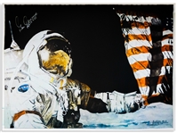 Gene Cernan Signed Moon Landing Artwork -- As Commander of the Apollo 17 Mission, Cernan Was the Last Man to Walk on the Moon -- With Novaspace COA