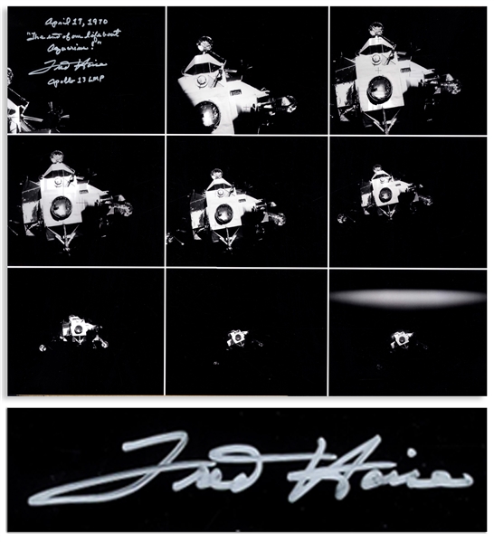 Fred Haise Signed 20 x 16 Photo of Apollo 13s Lifeboat, the Lunar Module After It Was Jettisoned Just Before Reentry -- Haise Writes The end of our lifeboat Aquarius!