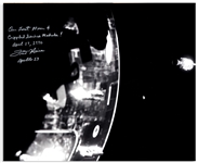 Dramatic 20'' x 16'' Photo Signed by Fred Haise, Showing the Apollo 13 Damaged Service Module & ''Our Lost Moon'' in the Far Distance