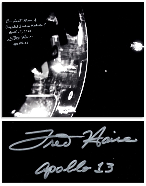 Dramatic 20 x 16 Photo Signed by Fred Haise, Showing the Apollo 13 Damaged Service Module & Our Lost Moon in the Far Distance