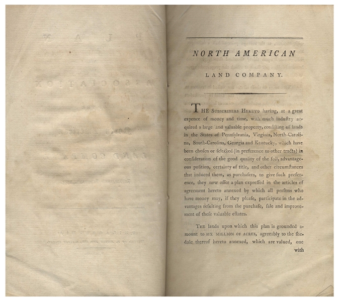 Original 1795 Prospectus for the North American Land Company, the Speculative Venture That Precipitated the Panic of 1797 and Bankrupted Robert Morris, Financier of the Revolution