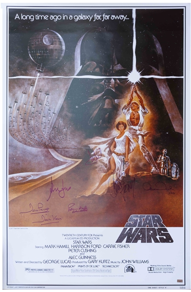 Star Wars Cast-Signed Movie Poster -- Signed by Mark Hamill, Carrie Fisher, Harrison Ford, and Darth Vader, C-3PO and Chewbaccas Characters