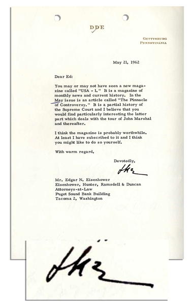 Dwight Eisenhower Typed Letter Signed From 1962 Regarding the Supreme Court -- ...In the May issue is an article called The Pinnacle of Controversy...a partial history of the Supreme Court...
