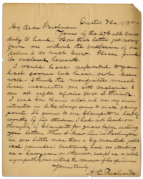 Abraham Lincoln Assassination Letter From the Lead Detective -- ...Clampitt [Mary Surratts defense lawyer] was little more than a big mouthed political rounder...