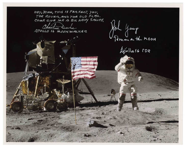John Young and Charlie Duke Signed 10 x 8 Lunar Photo of Young Saluting the U.S. Flag During the Apollo 16 Mission -- Duke Additionally Writes, Hey, John...Come give me a big Navy salute