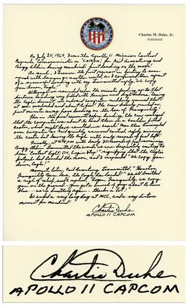 Charlie Duke Signed Handwritten Essay on Serving as Apollo 11 CAPCOM -- ...Neil quickly assumed control, safely missing the crater, but leaving the Eagle with only seconds of fuel left!...