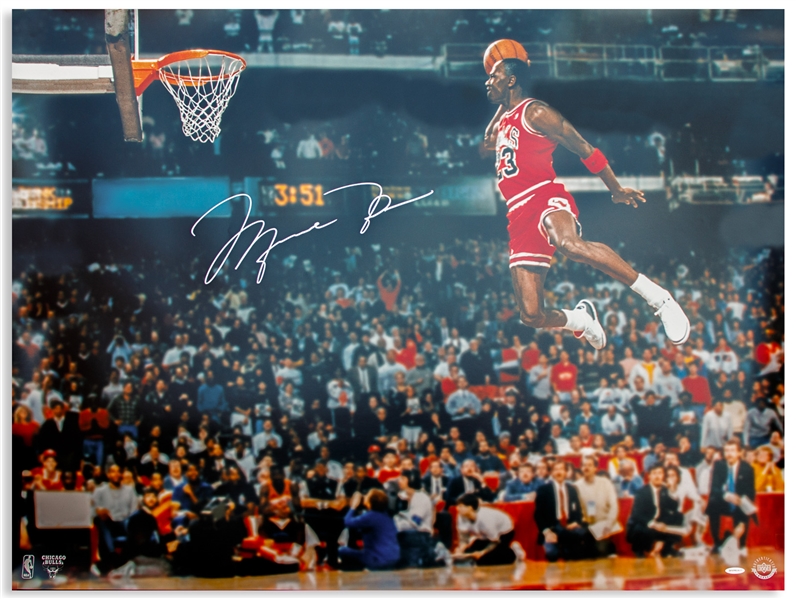 Michael Jordan 40 x 30 Signed Photo From the 1988 Slam Dunk Contest Showing Jordans Perfect Scoring Slam Dunk -- With Upper Deck COA