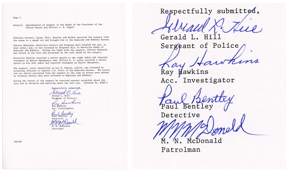 Lee Harvey Oswald Arrest Document With Account of Oswalds Apprehension -- Signed by All Four Arresting Officers -- ...the officer and the suspect wrestled for the gun...