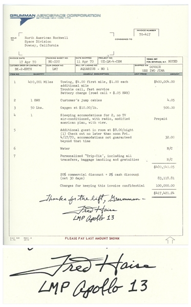 Fred Haise Signed Souvenir Copy of the Infamous Grumman Towing Invoice for Apollo 13