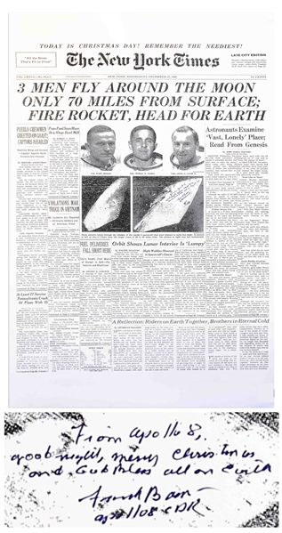 Frank Borman Signed New York Times Poster From Christmas 1968 -- Borman Additionally Writes From Apollo 8, good night, Merry Christmas and God Bless