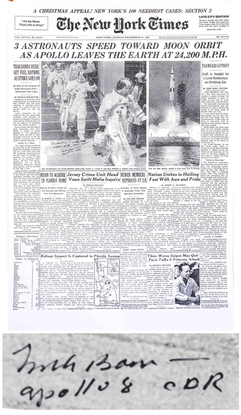 Frank Borman Signed New York Times Poster From 22 December 1968 -- Borman Additionally Writes Exploration is really the essence of the human spirit