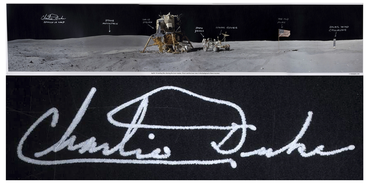 Charlie Duke Signed 40 x 8 Panoramic Lunar Photo From the Apollo 16 Mission -- Duke Also Handwrites Objects in the Photo Including Fellow Astronaut John Young and The Old Flag