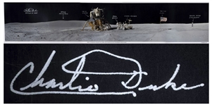 Charlie Duke Signed 40 x 8 Panoramic Lunar Photo From the Apollo 16 Mission -- Duke Also Handwrites Objects in the Photo Including Fellow Astronaut John Young and The Old Flag