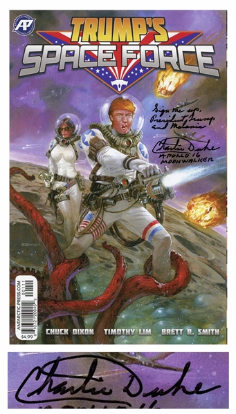 Apollo Astronauts Charlie Duke and Frank Borman Signed Copy of Trumps Space Force -- Duke Writes Sign me up, President Trump and Melania