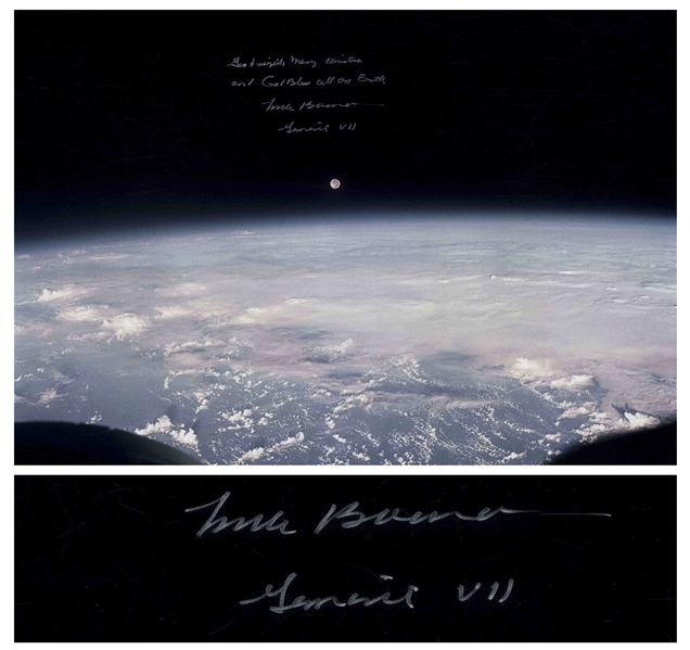 Frank Borman Signed 20 x 16 Photo of the Earth and Moon -- ...Good night, Merry Christmas and God Bless all on Earth...