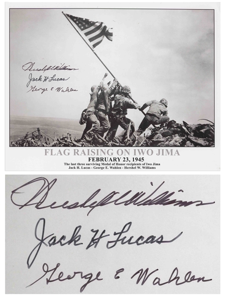 Iwo Jima Photo Signed by Three Medal of Honor Recipients of the Battle -- Large Photo Measures 12.75 x 10