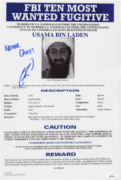 Navy Seal Robert ONeill Signed 12 x 18 Photo of Osama bin Ladens FBI Most Wanted Poster -- ONeill Was the Navy Seal Who Fatally Shot bin Laden -- With JSA COA