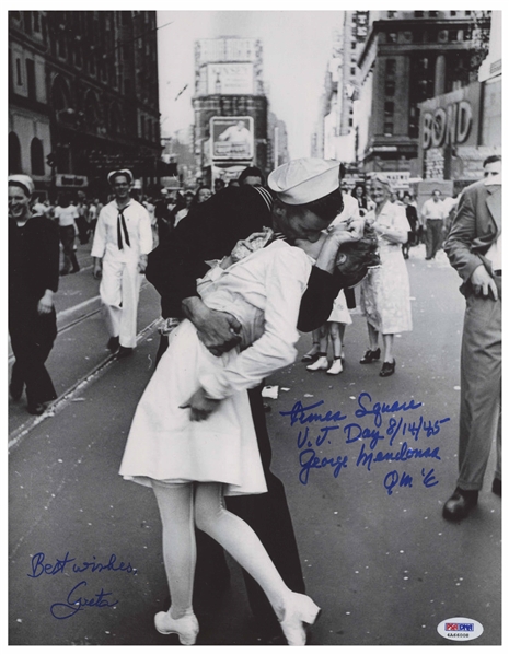 Photo of the Iconic Times Square Kiss to Celebrate the End of World War II, Signed by the Couple Greta Zimmer & George Mendonsa -- Photo Measures 11 x 14, With PSA/DNA COA