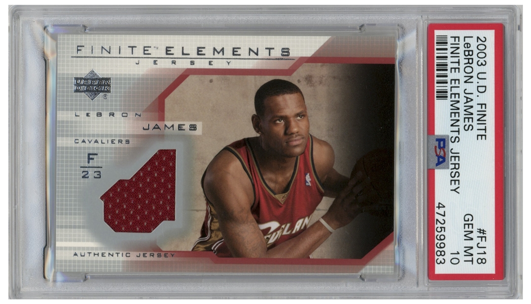 LeBron James Rookie Year 2003 Upper Deck Finite Elements Worn Jersey #FJ18 -- Graded PSA Gem Mint 10