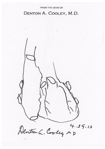 Dr. Denton Cooley Signed Sketch of a Human Heart -- Dr. Cooley Conducted the First Artificial Heart Implantation Surgery