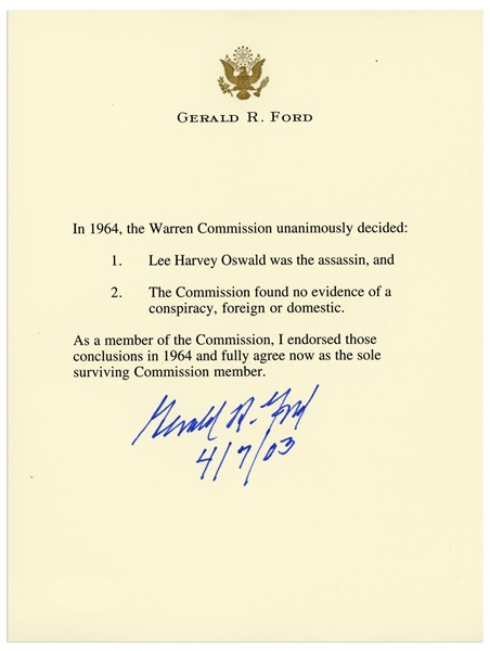 Gerald Ford Manuscript Signed Regarding the Warren Commission -- ...I endorsed those conclusions in 1964 and fully agree now as the sole surviving Commission member... -- With JSA COA
