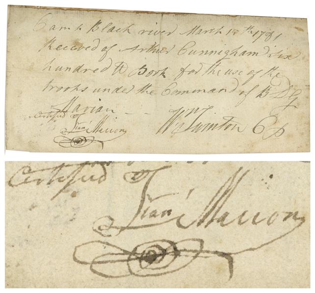Revolutionary War Brigadier General Francis Marion, the Swamp Fox, Document Signed From 1781, the Day of the Black River Bridge Battle -- With University Archives COA