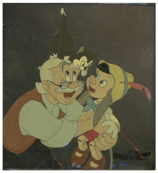 Original Pinocchio Disney Cel From 1939 -- Large Cel of Pinocchio, Geppetto and Figaro Measures 9 x 9.75