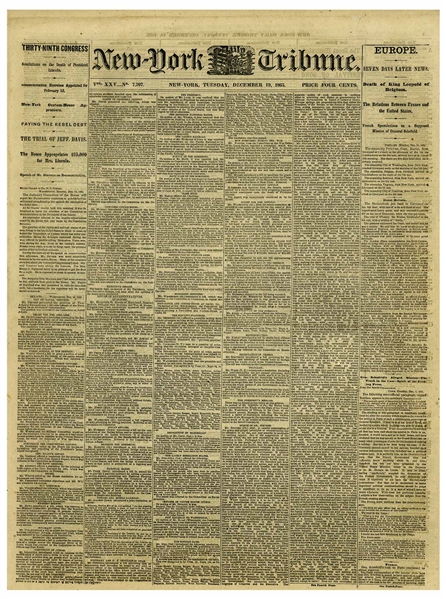 New-York Tribune Newspaper From 19 December 1865 Reporting on Adoption of the 13th Amendment Ending Slavery -- Neither slavery nor involuntary servitude...shall exist within the United States