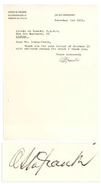 Otto Frank Letter Signed Regarding Publication of His Daughter Anne Franks Diary -- With PSA/DNA COA