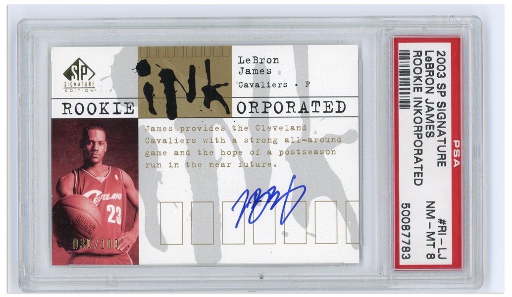 LeBron James Signed 2003 SP Signature Rookie Inkorporated Card -- Limited Edition of 100 -- PSA Graded Near Mint-Mint 8