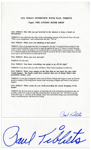 Paul Tibbets Signed Statement Regarding Dropping the Atomic Bomb on Hiroshima During World War II -- ...I was shot in the ass with confidence...