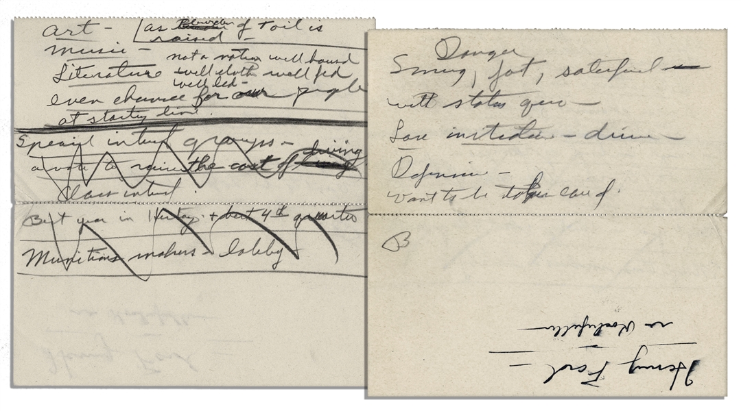 Richard Nixon Handwritten Notes -- Written as Source Material for His Biographer Circa 1958 -- ...Danger, Smug, fat, satisfied with status quo / want to be taken care of...