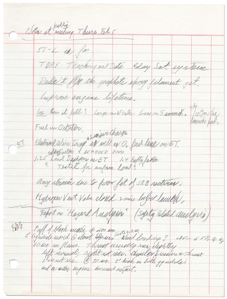 Richard Feynman Handwritten Document From the Challenger Investigation -- ...The ice is on the launch pad...