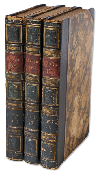 Charles Dickens First Edition, First Impression of Oliver Twist in Three Volumes -- With the Fireside Plate