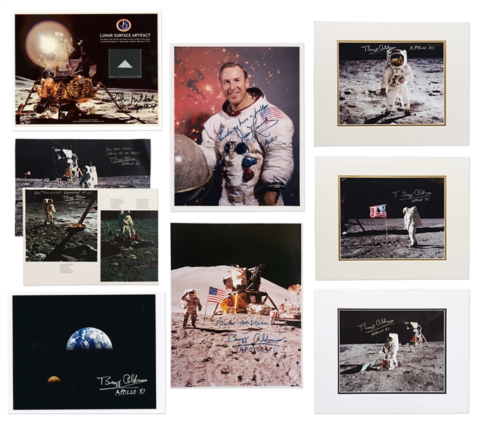 Large Archive of Flown & Signed Space Items -- Includes Apollo 14 Beta Cloth Swatch Flown to the Moon, 14 Items Signed by Buzz Aldrin, Jim Lovell Signed Apollo 13 Photo, 3 Charlie Duke Signed Photos